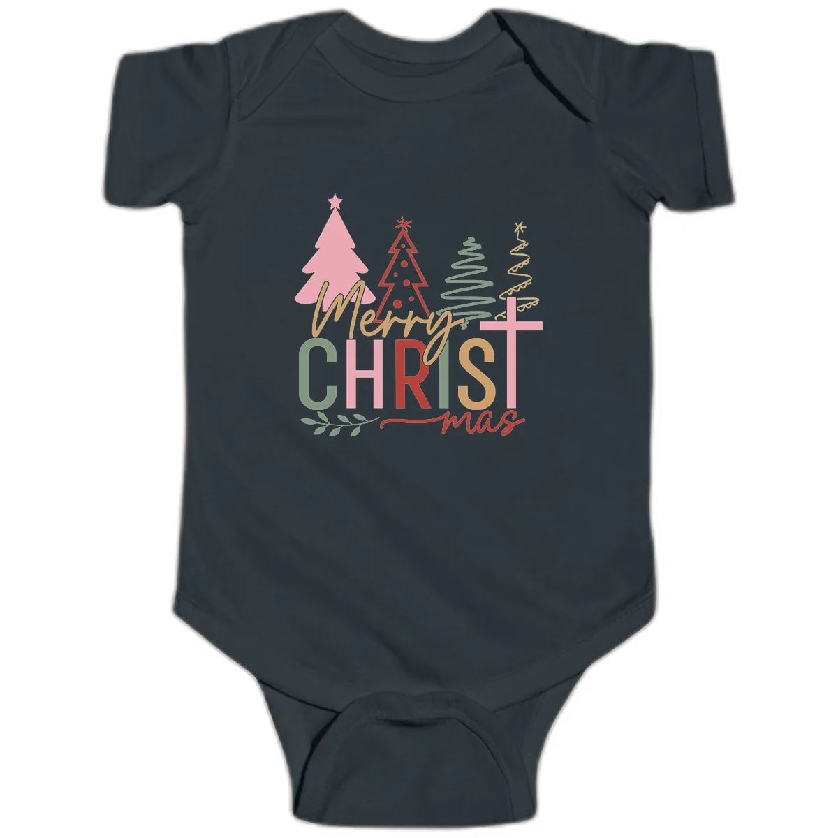 Merry Christmas Trees And Cross Baby Onesie in Black