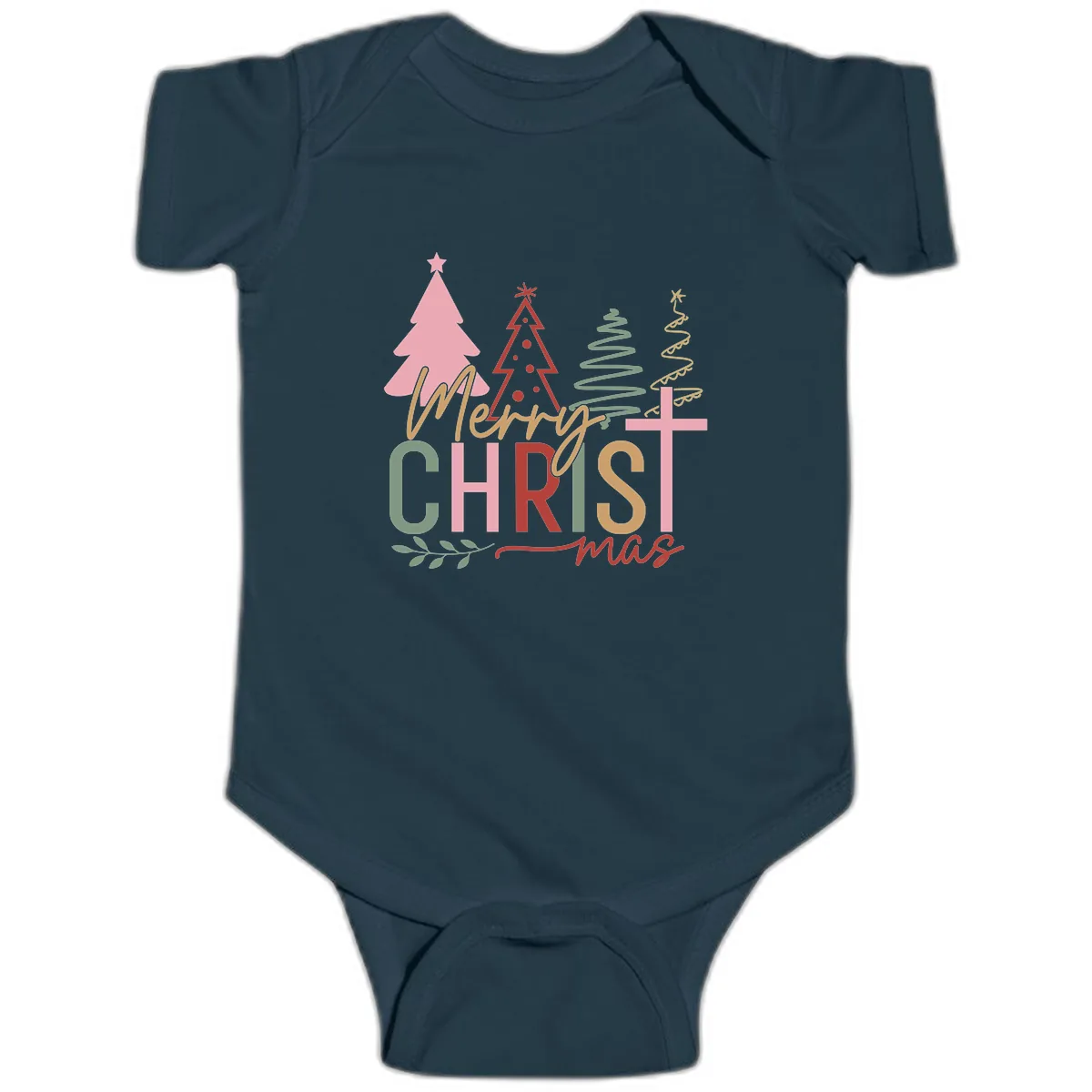 Merry Christmas Trees And Cross Baby Onesie in Navy