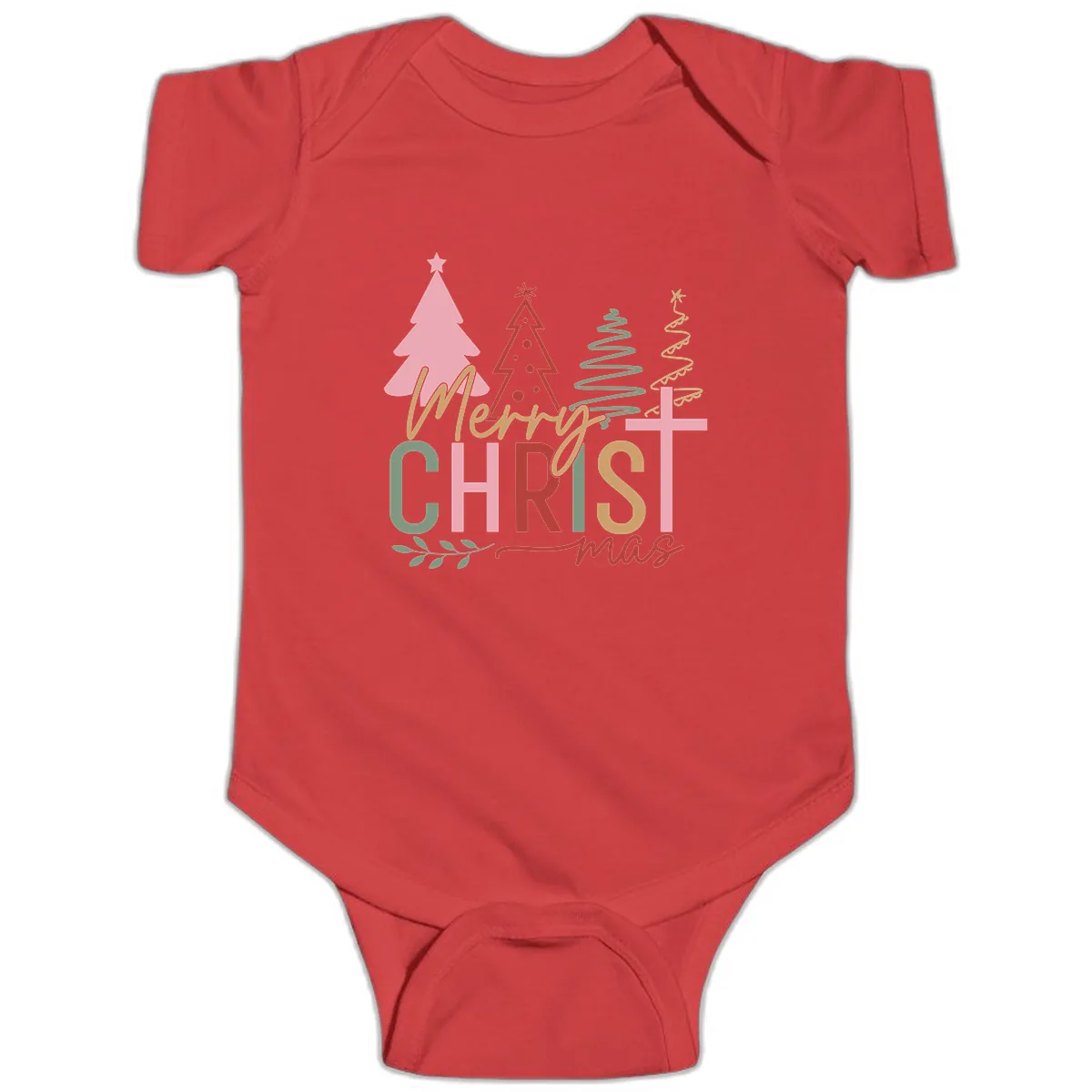 Merry Christmas Trees And Cross Baby Onesie in Red