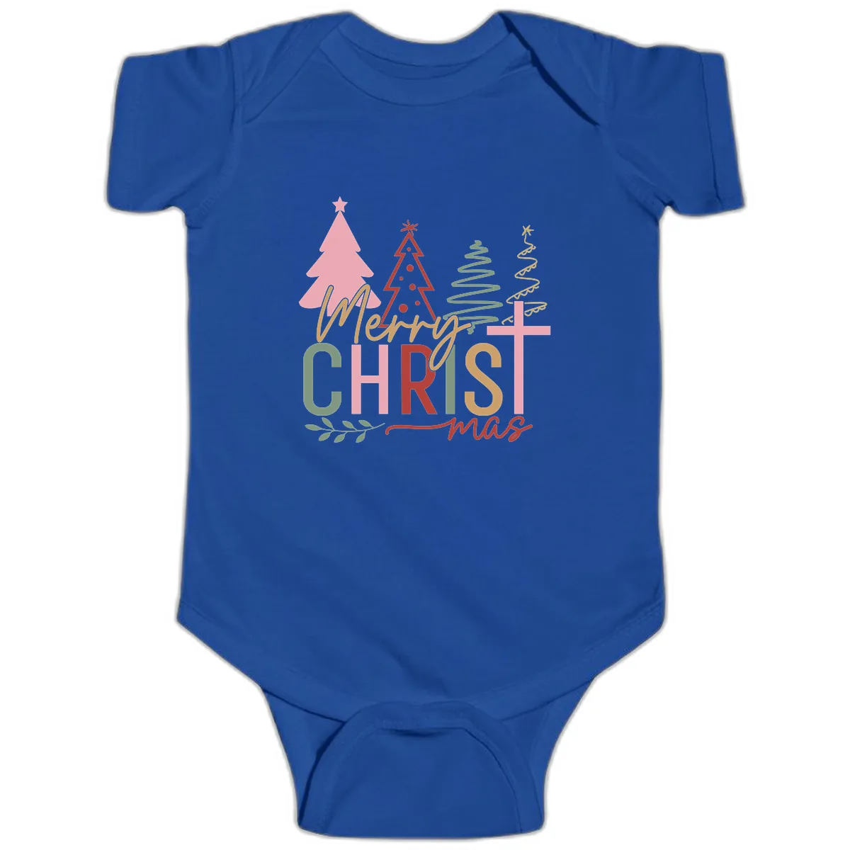 Merry Christmas Trees And Cross Baby Onesie in Royal