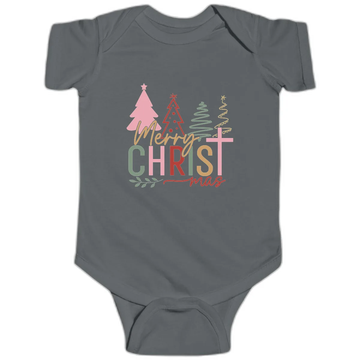 Merry Christmas Trees And Cross Baby Onesie in Charcoal