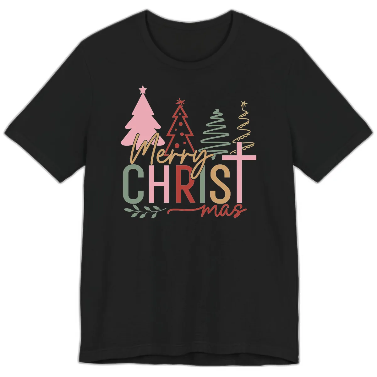 Merry Christmas Trees And Cross Premium T-Shirt in Black