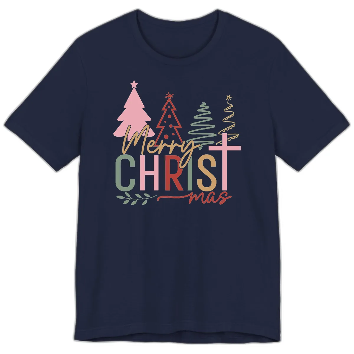 Merry Christmas Trees And Cross Premium T-Shirt in Navy