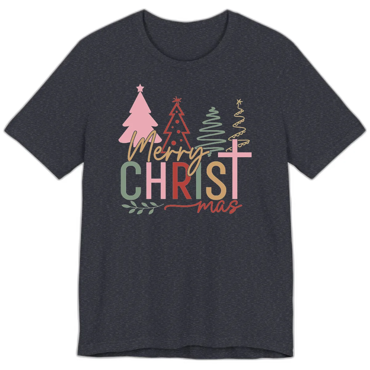 Merry Christmas Trees And Cross Premium T-Shirt in Heather Navy