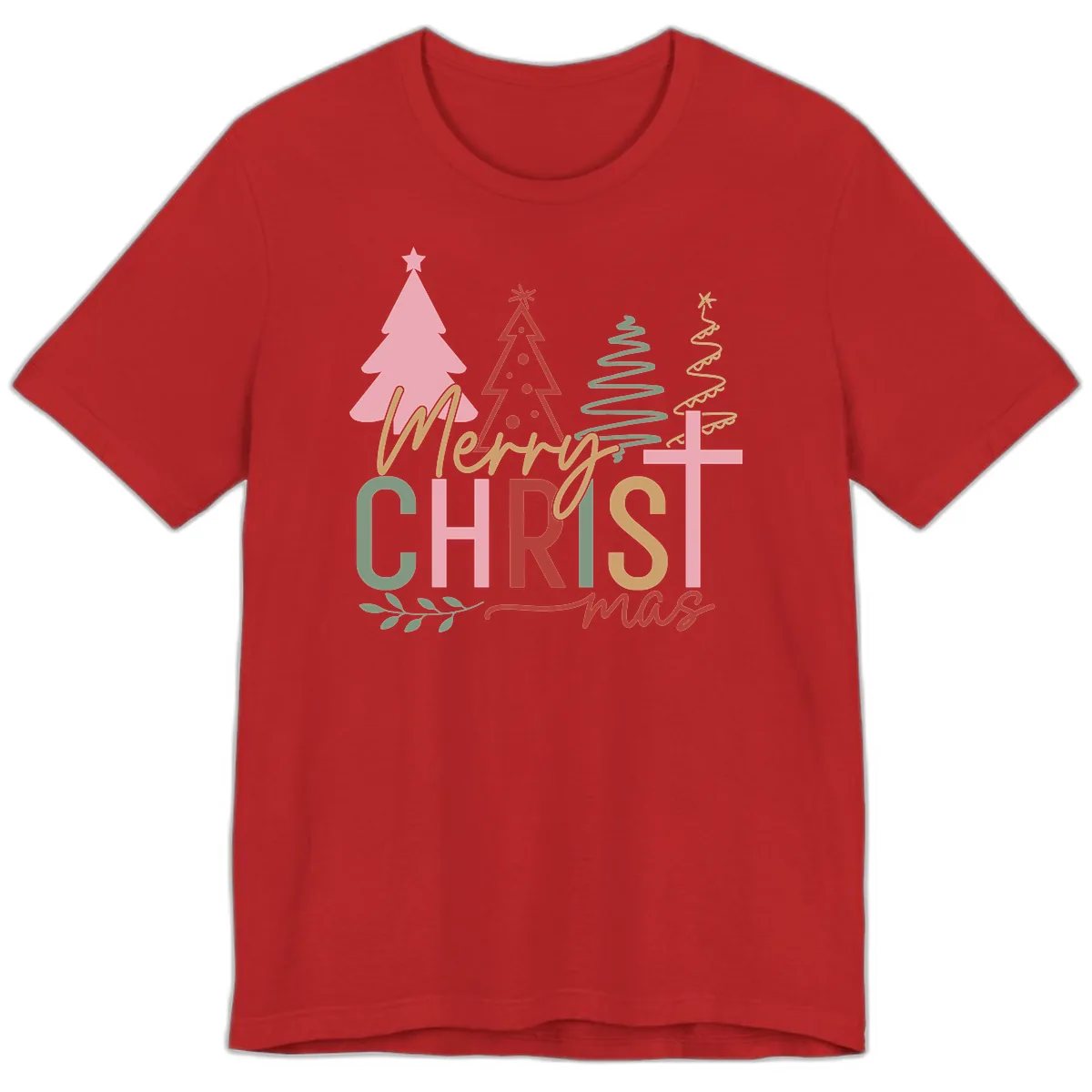 Merry Christmas Trees And Cross Premium T-Shirt in Red