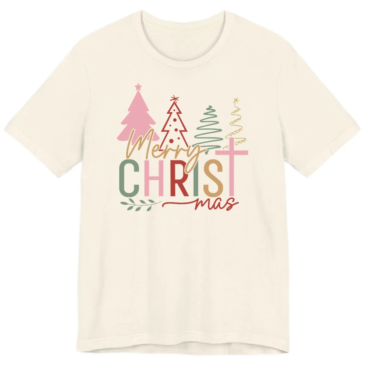 Merry Christmas Trees And Cross Premium T-Shirt in Natural