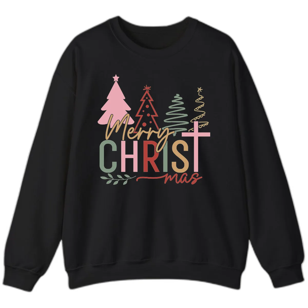 Merry Christmas Trees And Cross Sweatshirt in Black