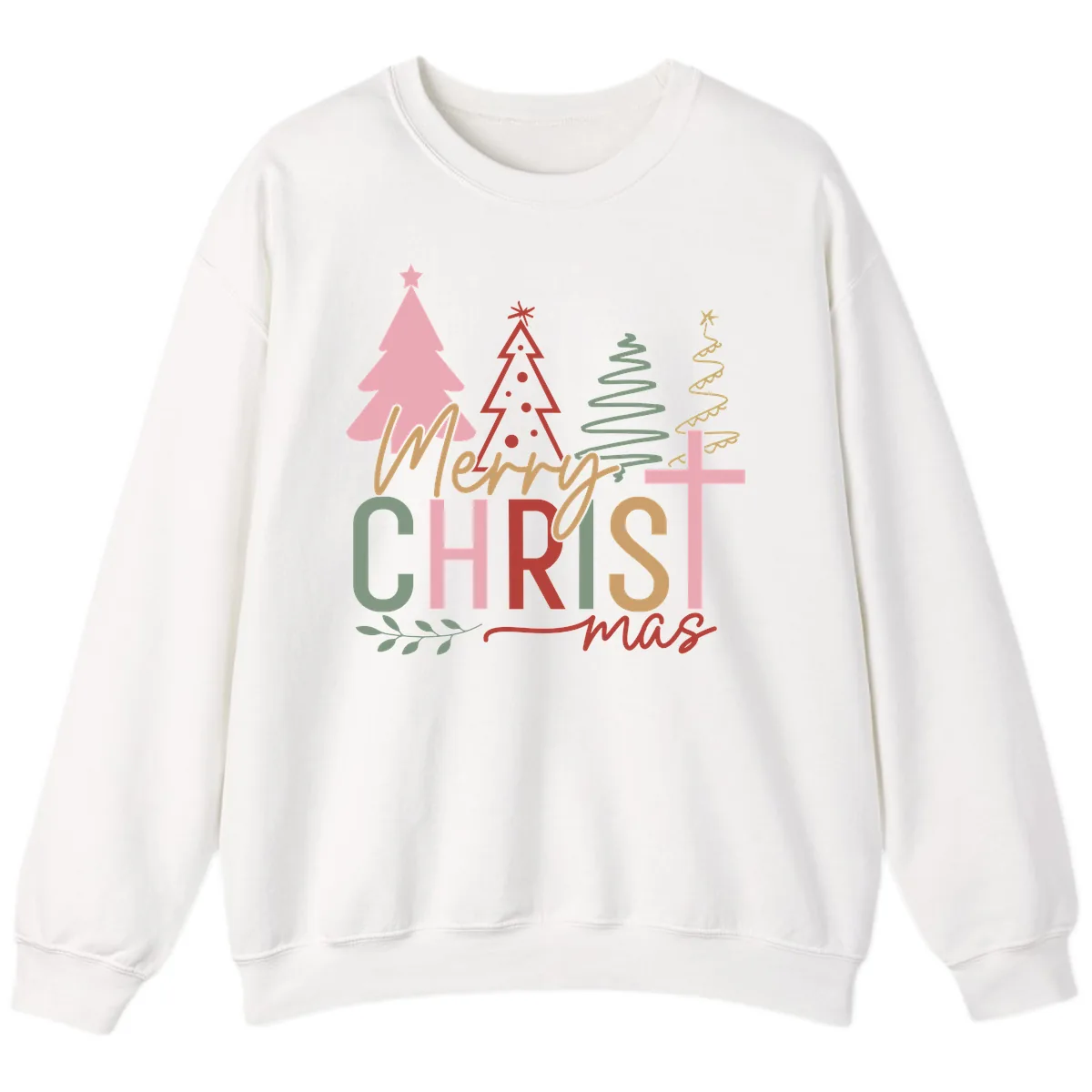 Merry Christmas Trees And Cross Sweatshirt in White