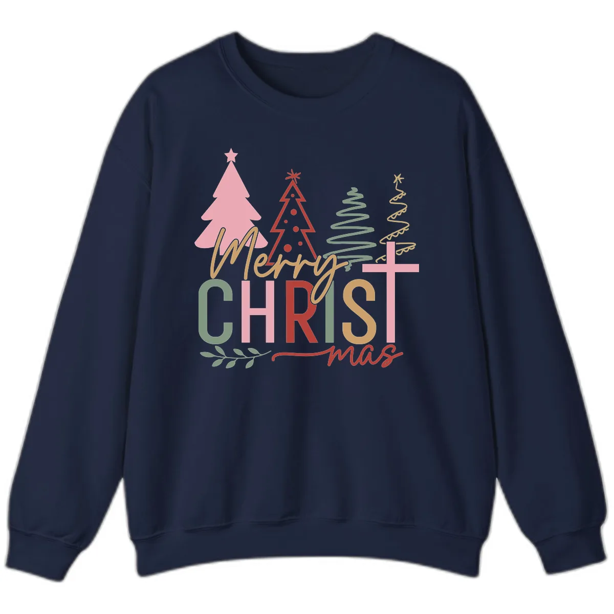 Merry Christmas Trees And Cross Sweatshirt in Navy
