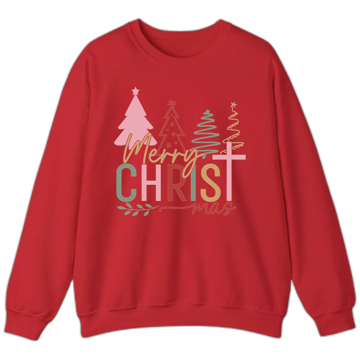 Merry Christmas Trees And Cross Sweatshirt in Red