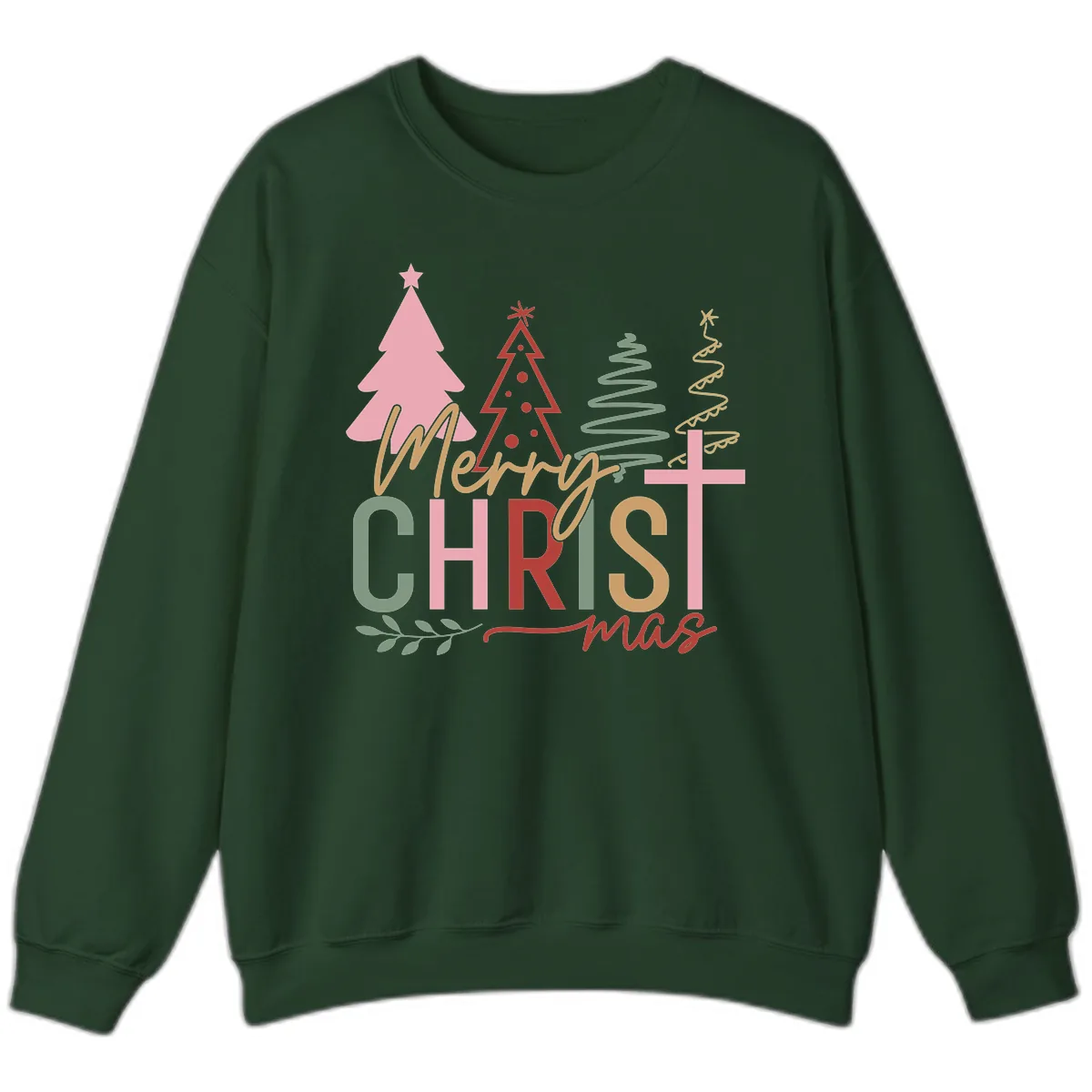 Merry Christmas Trees And Cross Sweatshirt in Forest Green