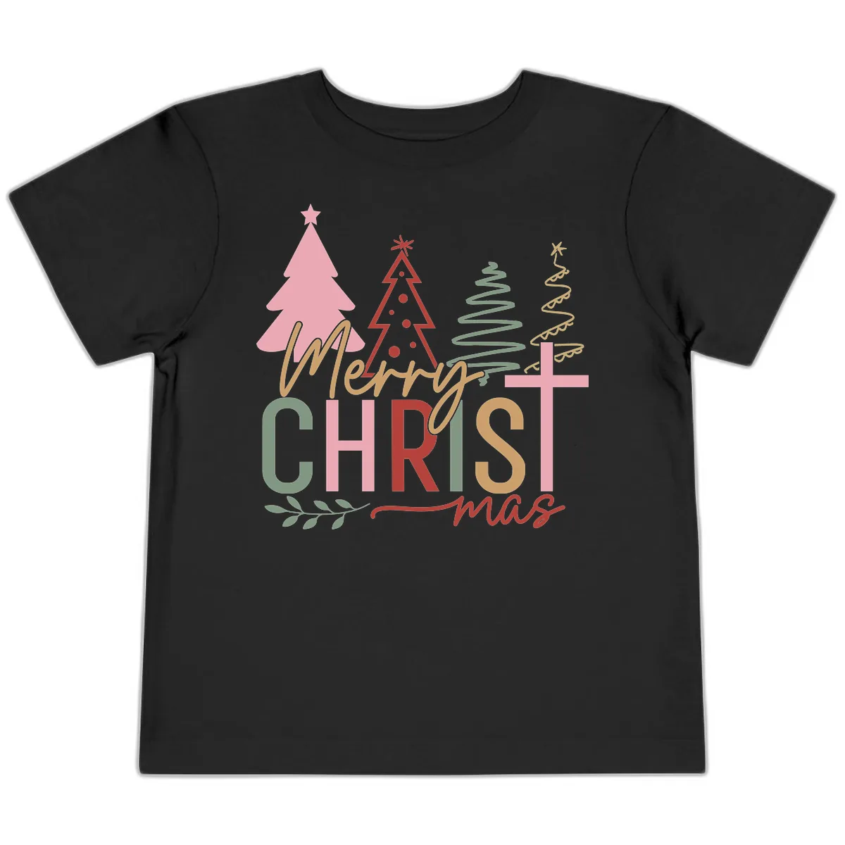 Merry Christmas Trees And Cross Toddler T-Shirt in Black