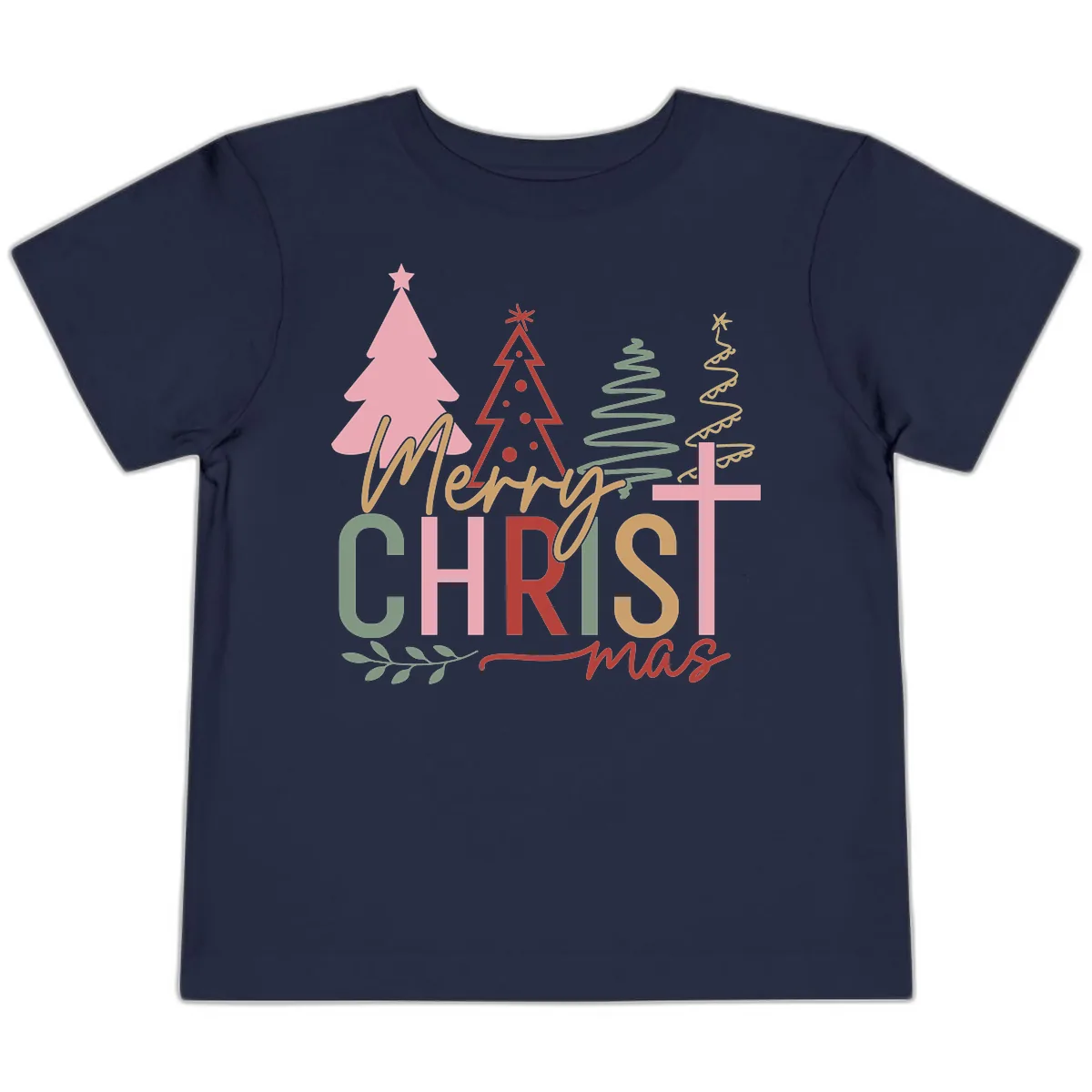 Merry Christmas Trees And Cross Toddler T-Shirt in Navy