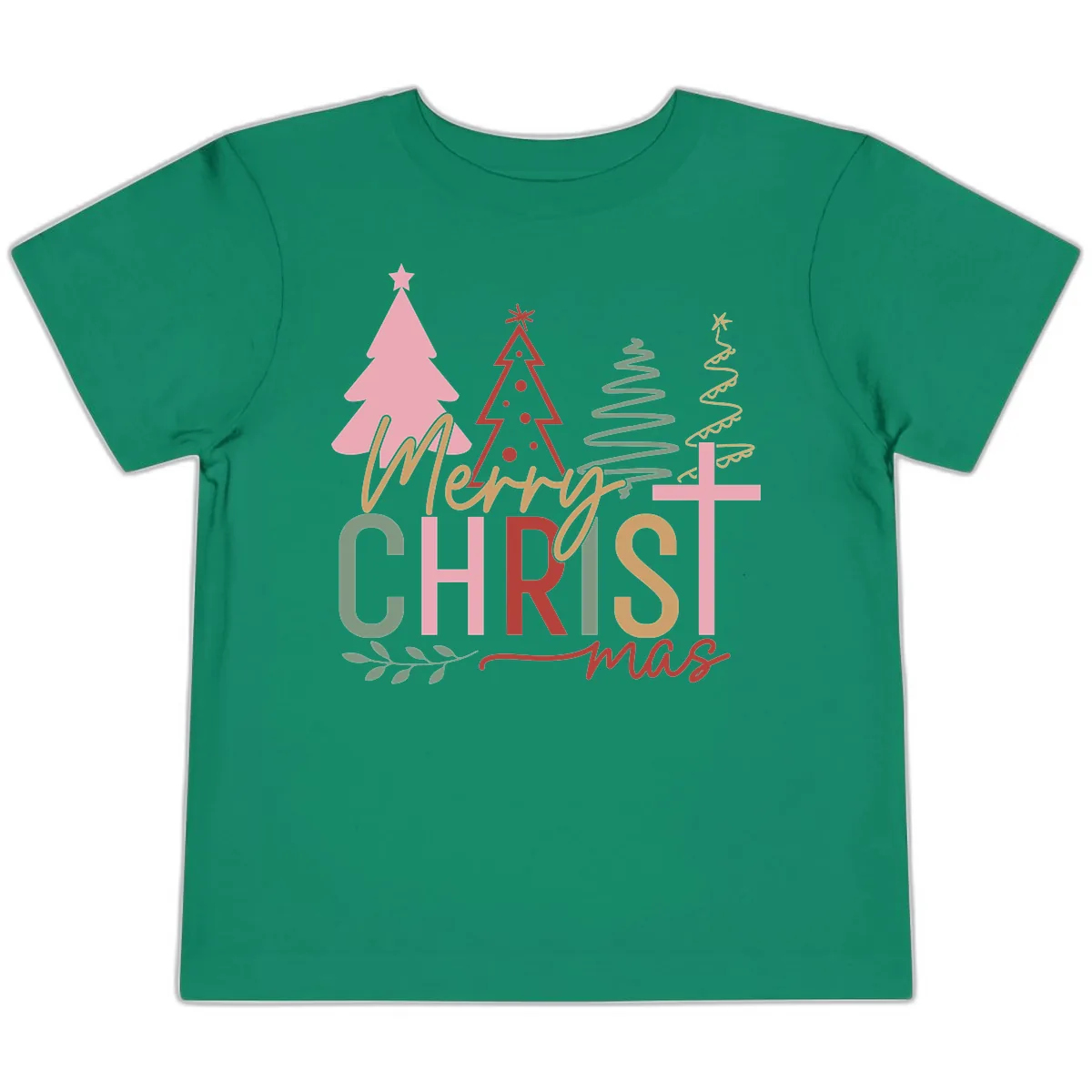Merry Christmas Trees And Cross Toddler T-Shirt in Kelly