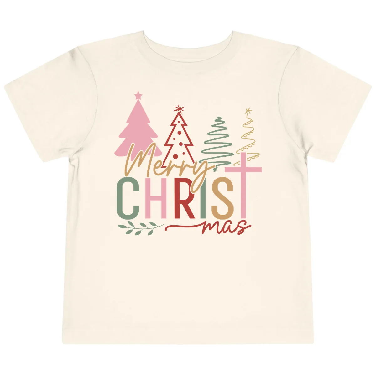Merry Christmas Trees And Cross Toddler T-Shirt in Natural