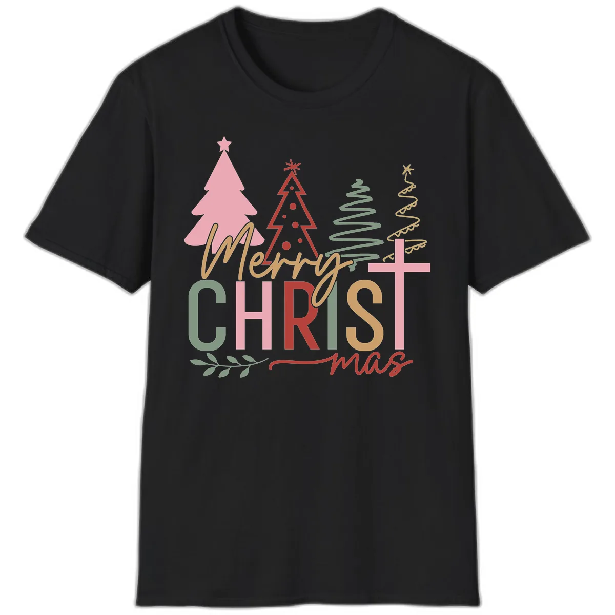 Merry Christmas Trees And Cross T-Shirt in Black