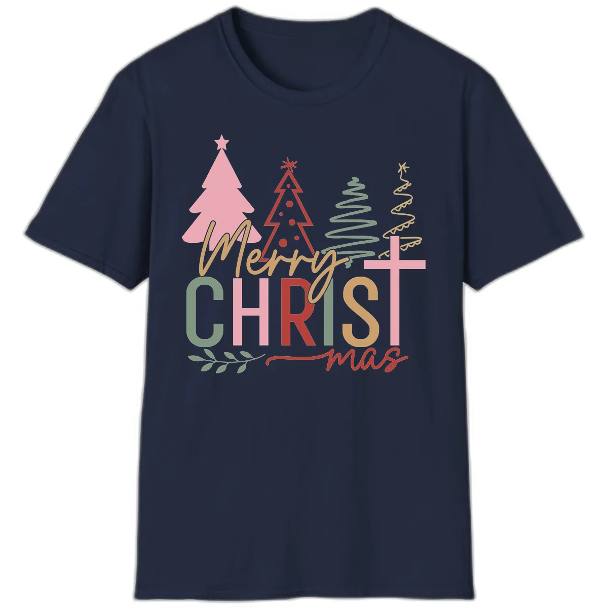 Merry Christmas Trees And Cross T-Shirt in Navy
