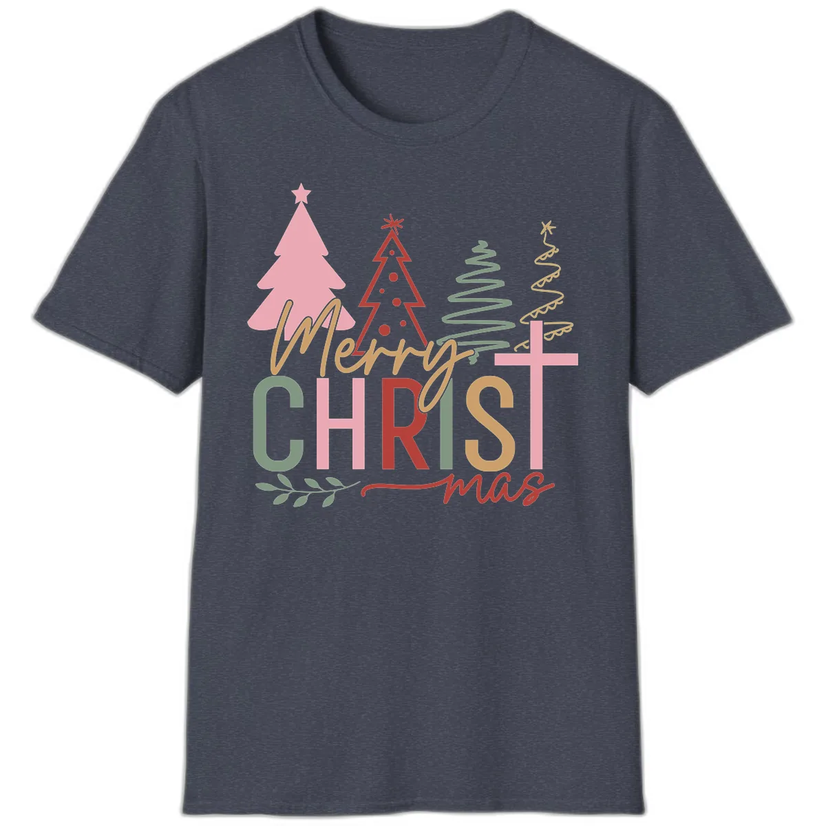 Merry Christmas Trees And Cross T-Shirt in Heather Navy