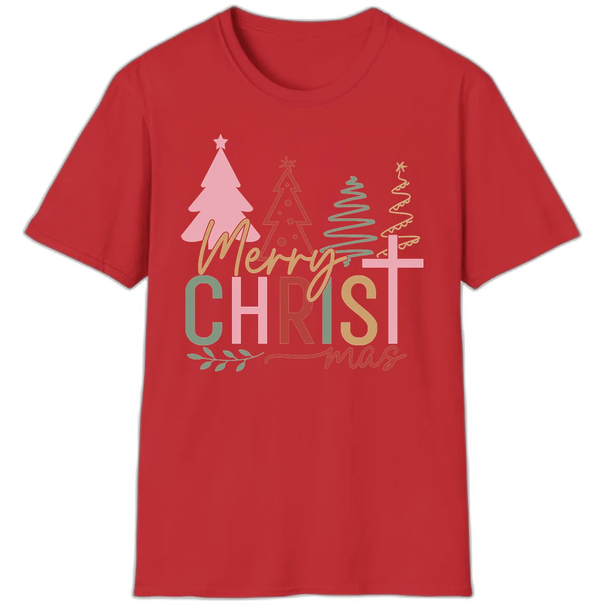 Merry Christmas Trees And Cross T-Shirt in Red