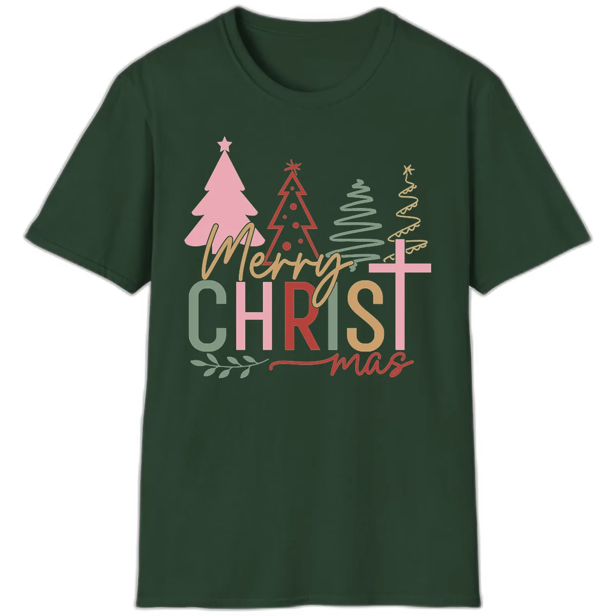 Merry Christmas Trees And Cross T-Shirt in Forest Green