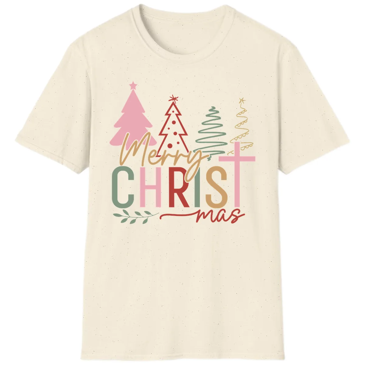 Merry Christmas Trees And Cross T-Shirt in Natural