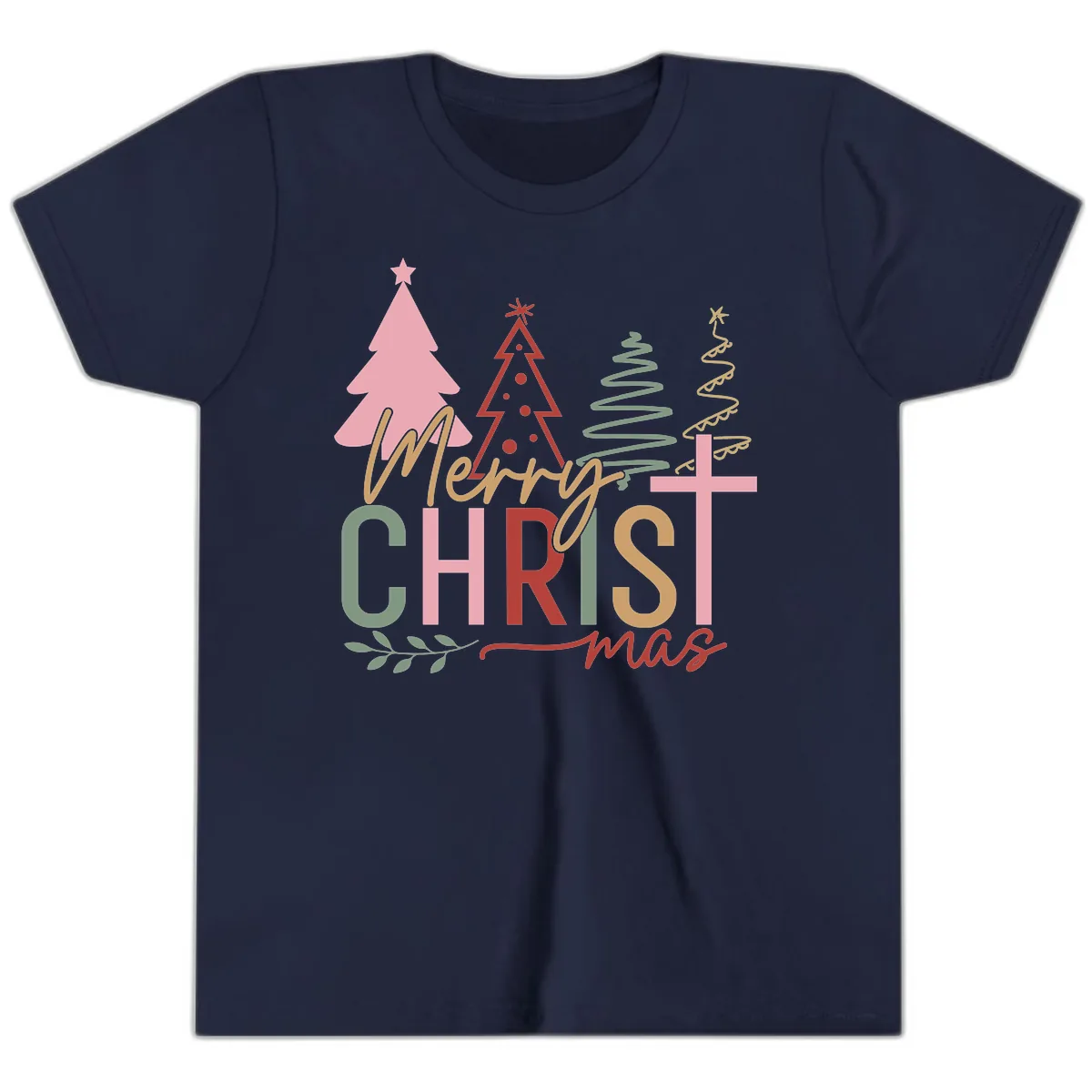 Merry Christmas Trees And Cross Youth T-Shirt in Navy