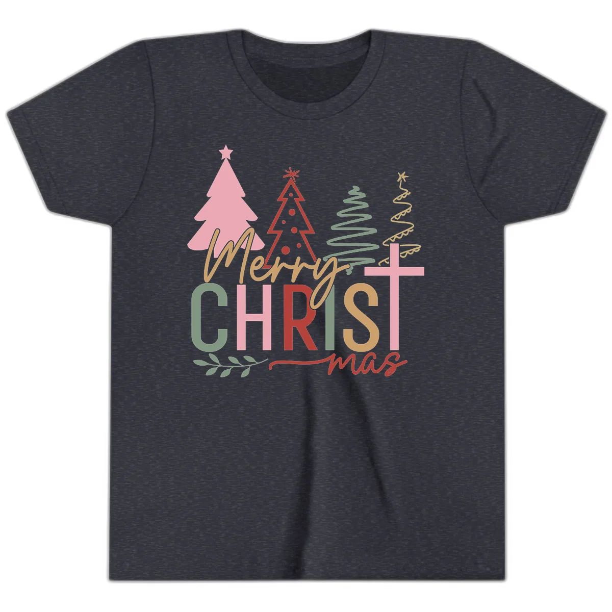 Merry Christmas Trees And Cross Youth T-Shirt in Heather Navy