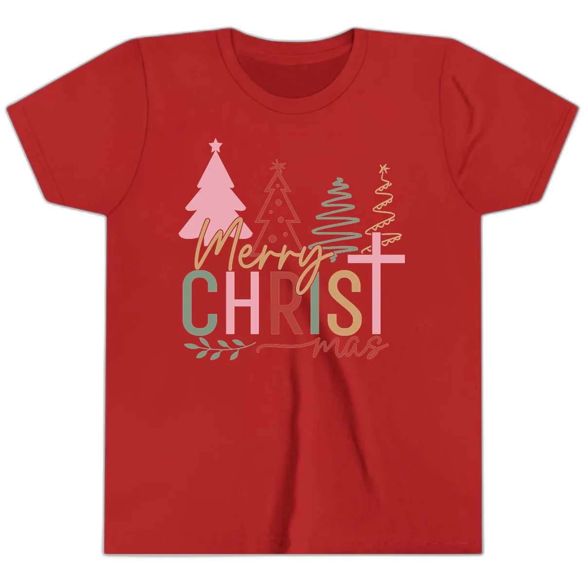 Merry Christmas Trees And Cross Youth T-Shirt in Red