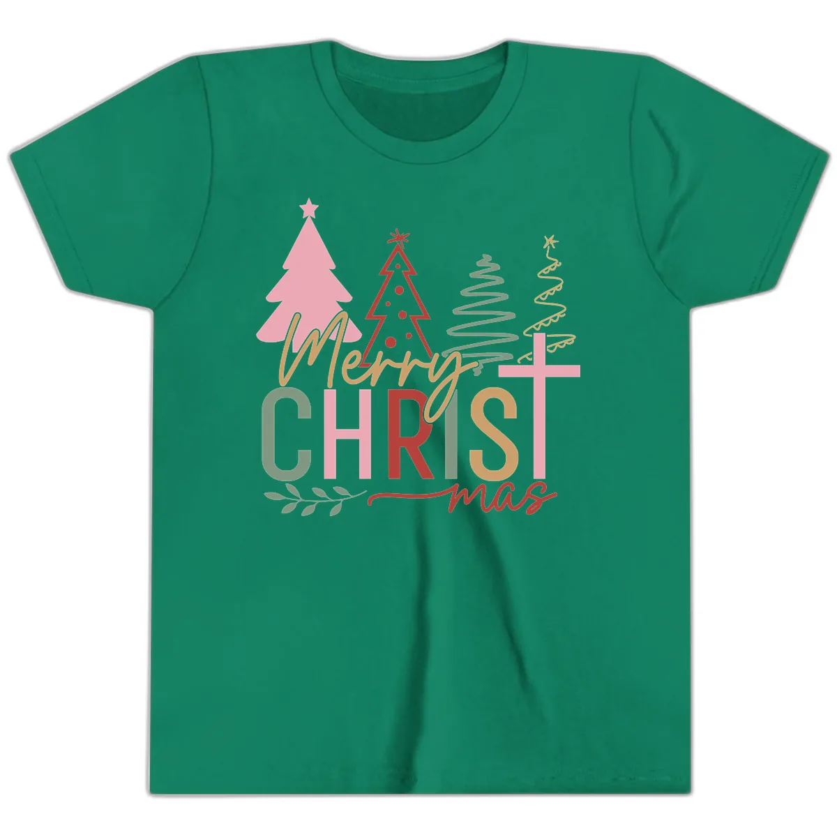 Merry Christmas Trees And Cross Youth T-Shirt in Kelly