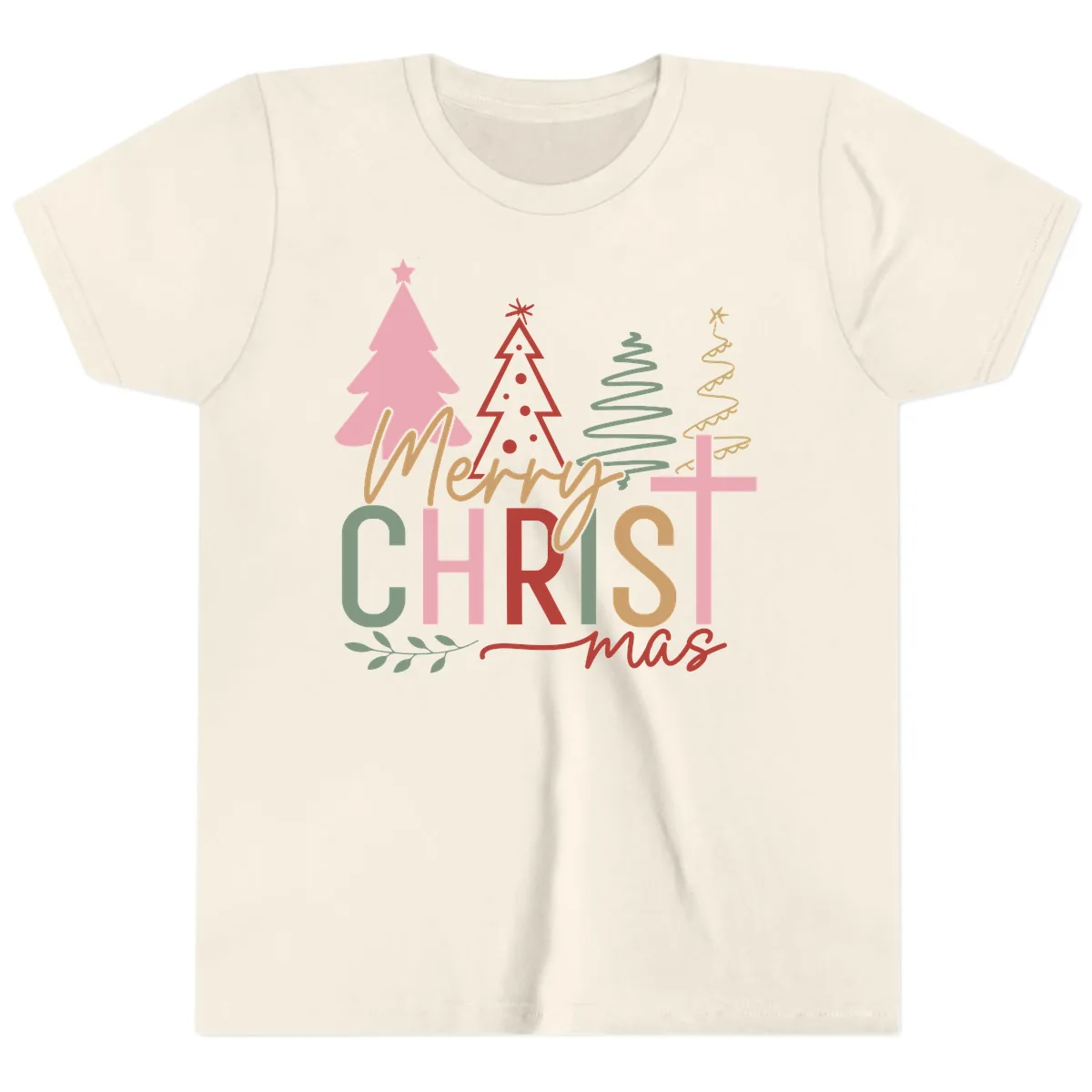 Merry Christmas Trees And Cross Youth T-Shirt in Natural