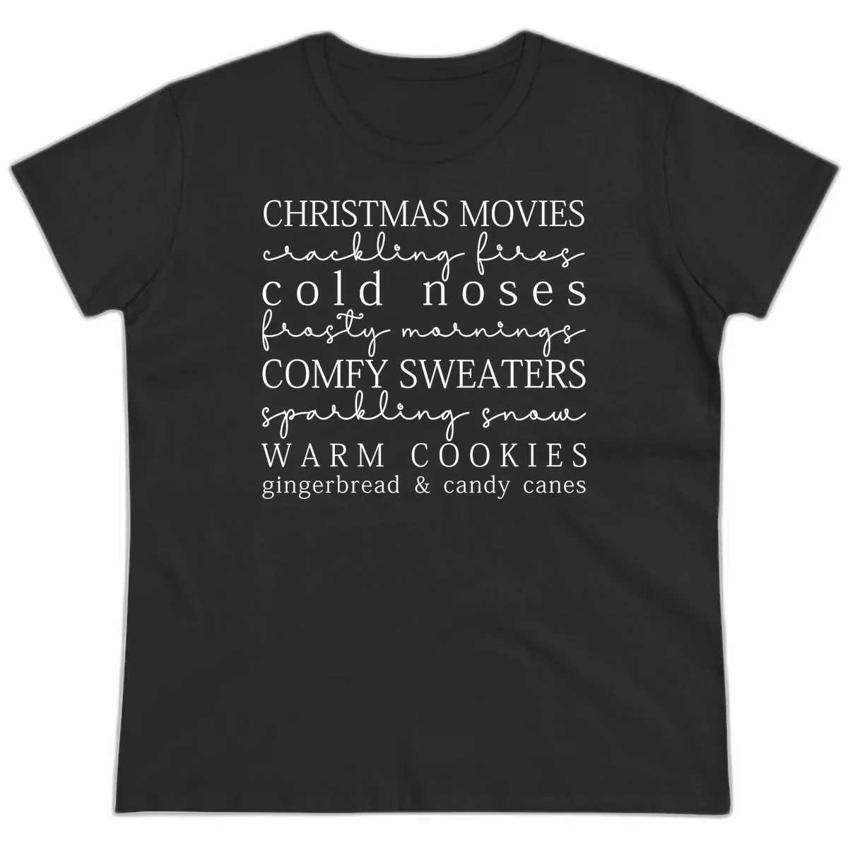 Cozy Christmas Vibes Word Art Ladies Tee in Black