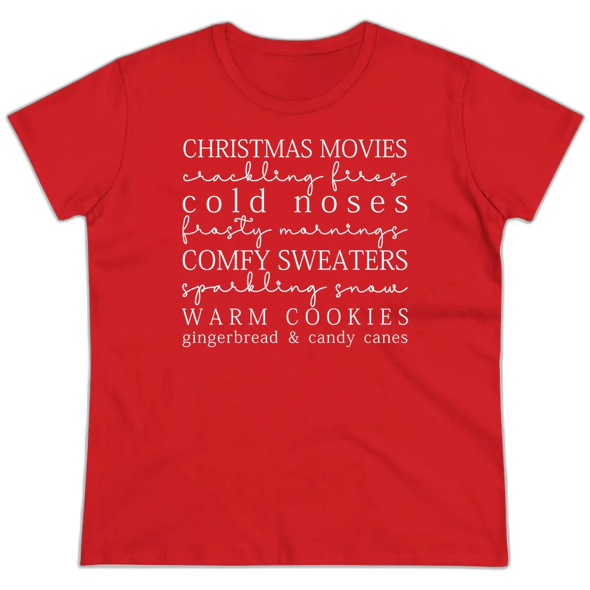 Cozy Christmas Vibes Word Art Ladies Tee in Red