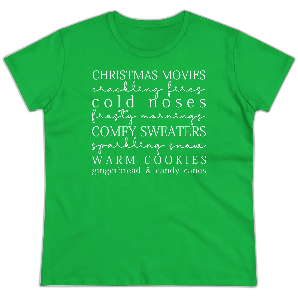 Cozy Christmas Vibes Word Art Ladies Tee in Irish Green
