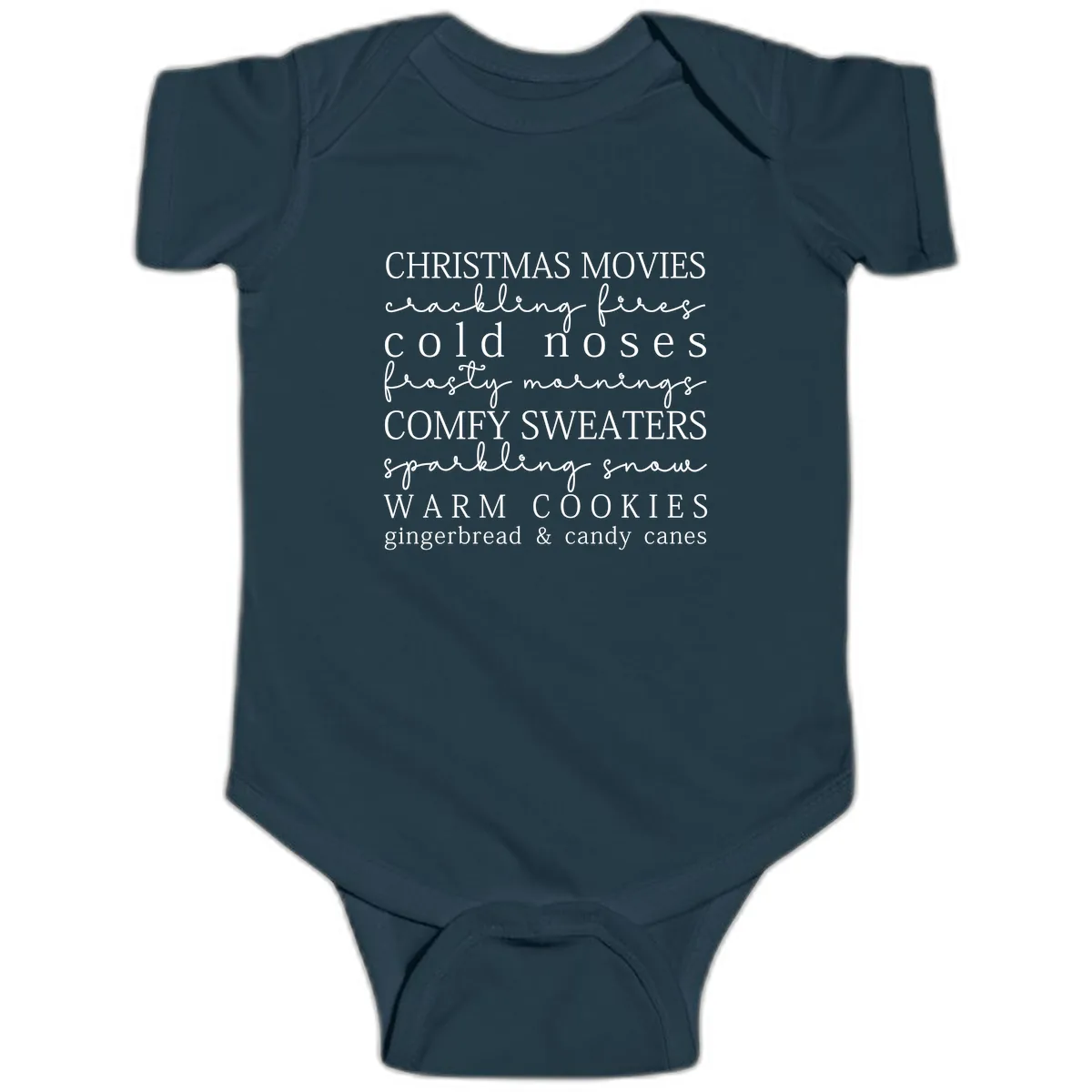 Cozy Christmas Vibes Word Art Baby Onesie in Navy