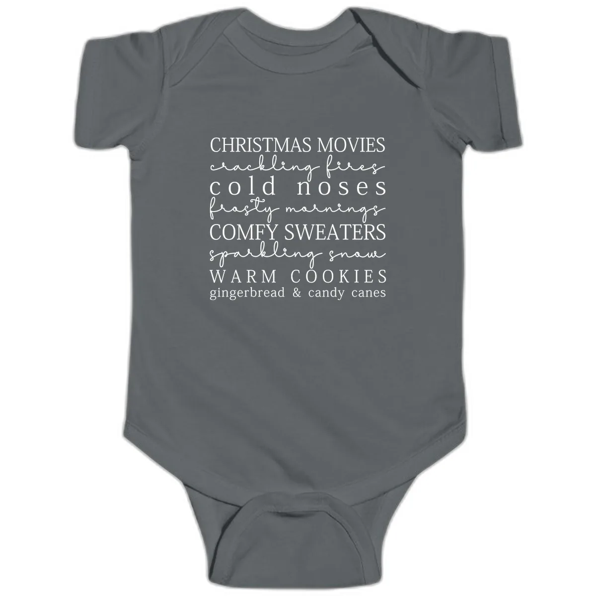 Cozy Christmas Vibes Word Art Baby Onesie in Charcoal