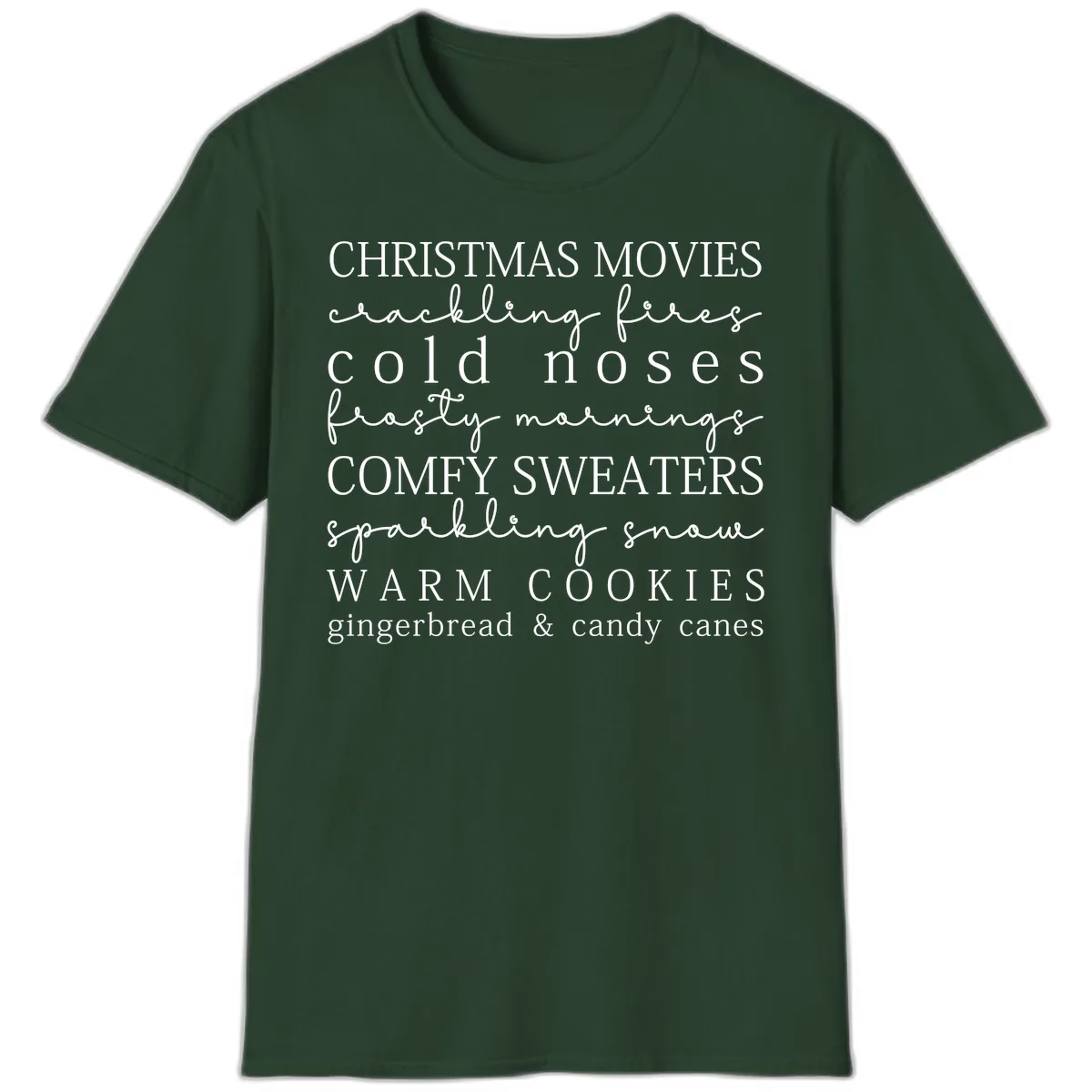 Cozy Christmas Vibes Word Art T-Shirt in Forest Green