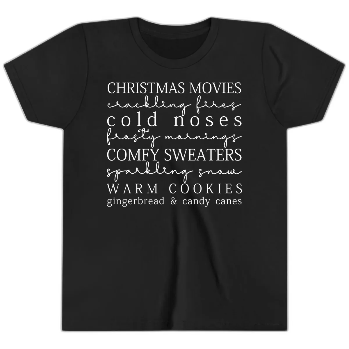 Cozy Christmas Vibes Word Art Youth T-Shirt in Black