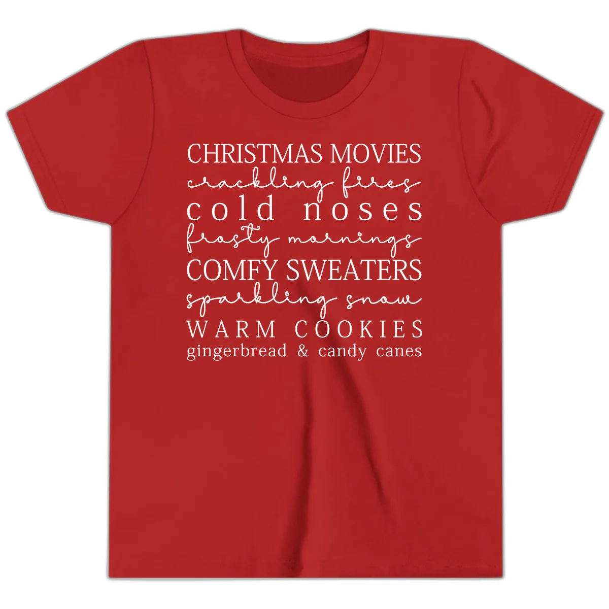 Cozy Christmas Vibes Word Art Youth T-Shirt in Red