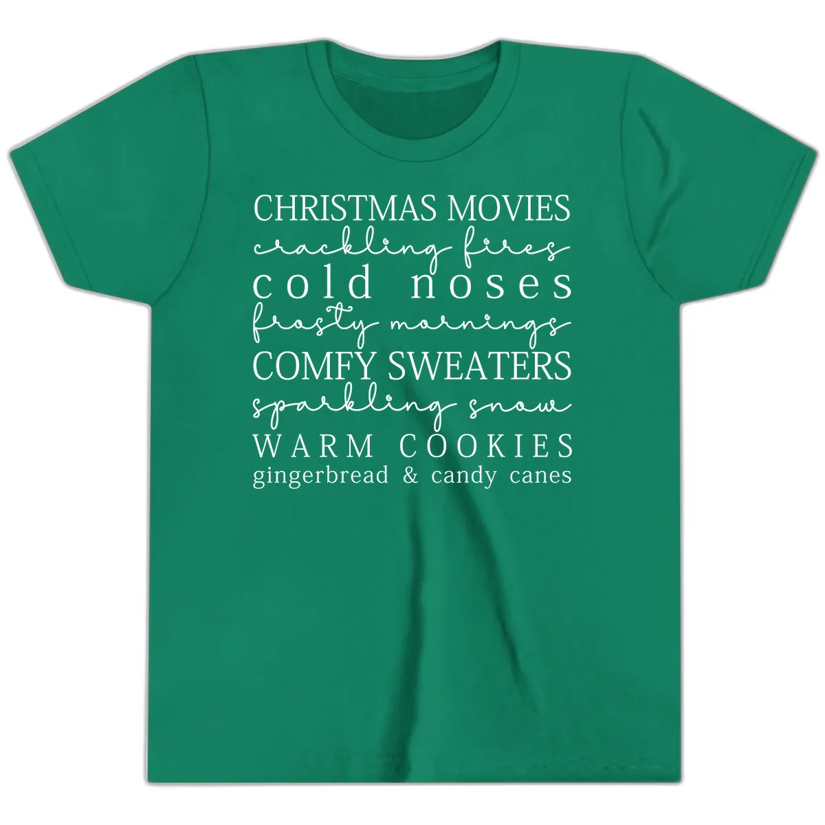 Cozy Christmas Vibes Word Art Youth T-Shirt in Kelly