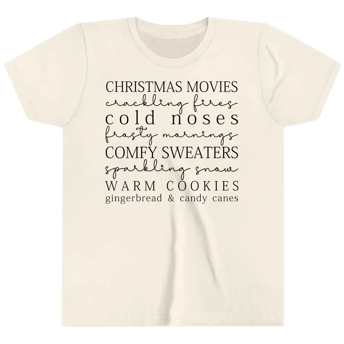 Cozy Christmas Vibes Word Art Youth T-Shirt in Natural