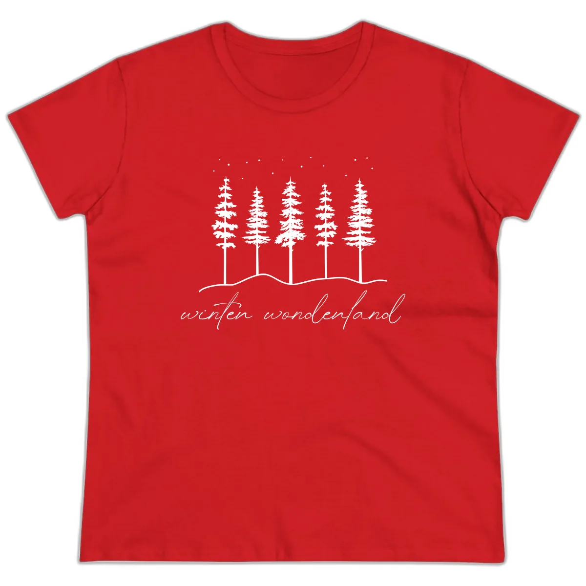 Winter Wonderland Forest Scene Ladies Tee in Red