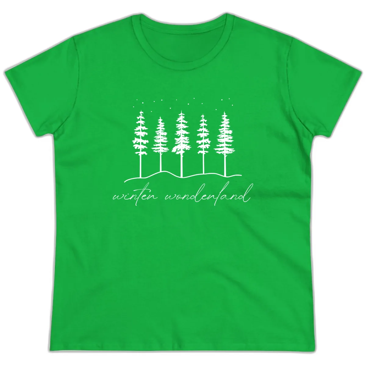 Winter Wonderland Forest Scene Ladies Tee in Irish Green