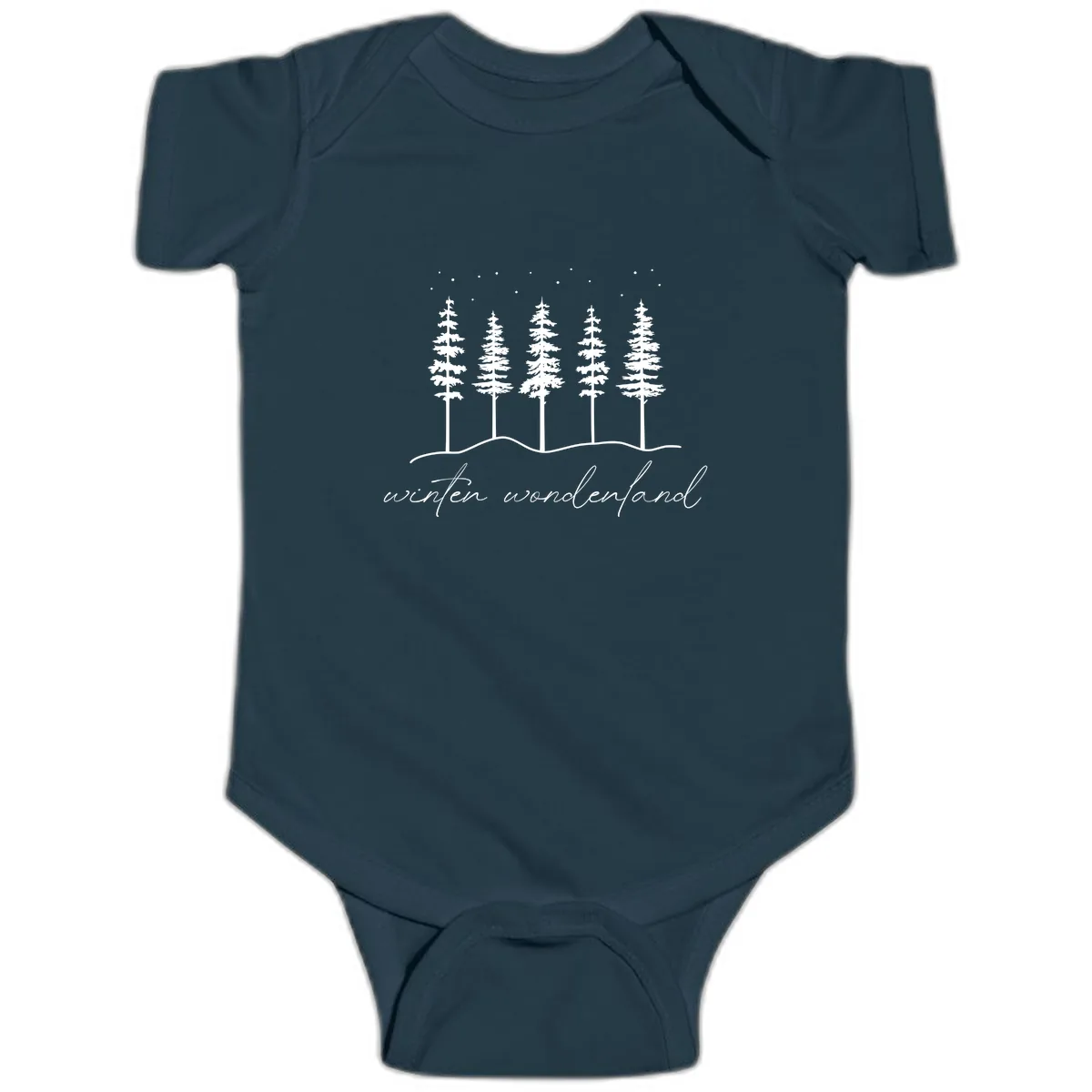 Winter Wonderland Forest Scene Baby Onesie in Navy