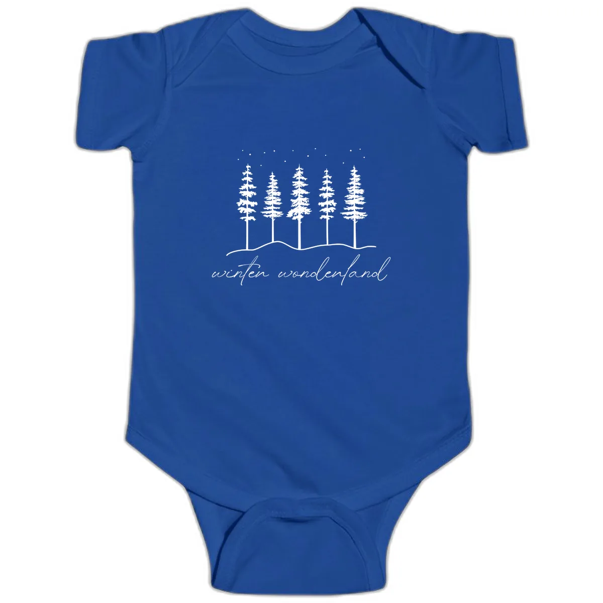 Winter Wonderland Forest Scene Baby Onesie in Royal