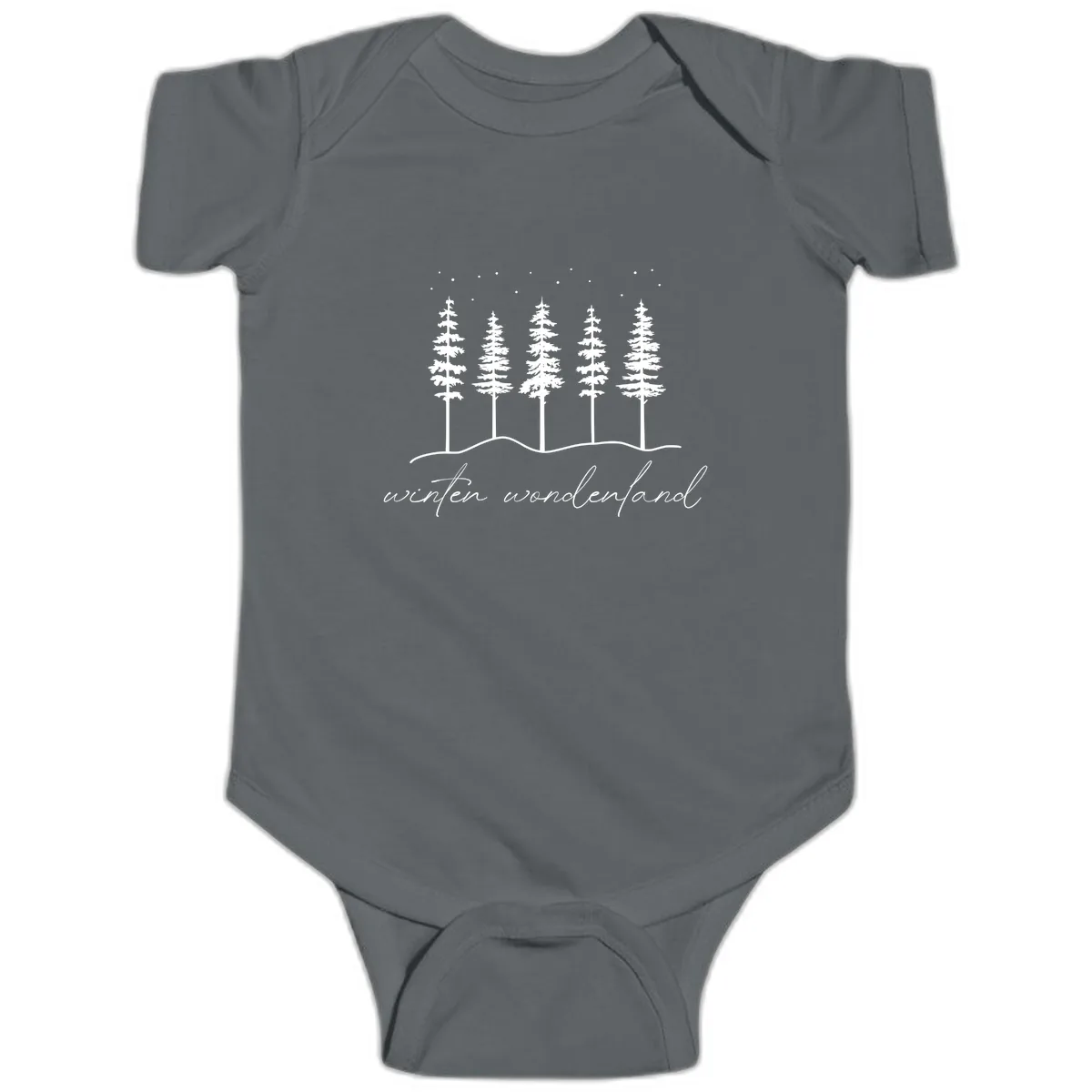 Winter Wonderland Forest Scene Baby Onesie in Charcoal