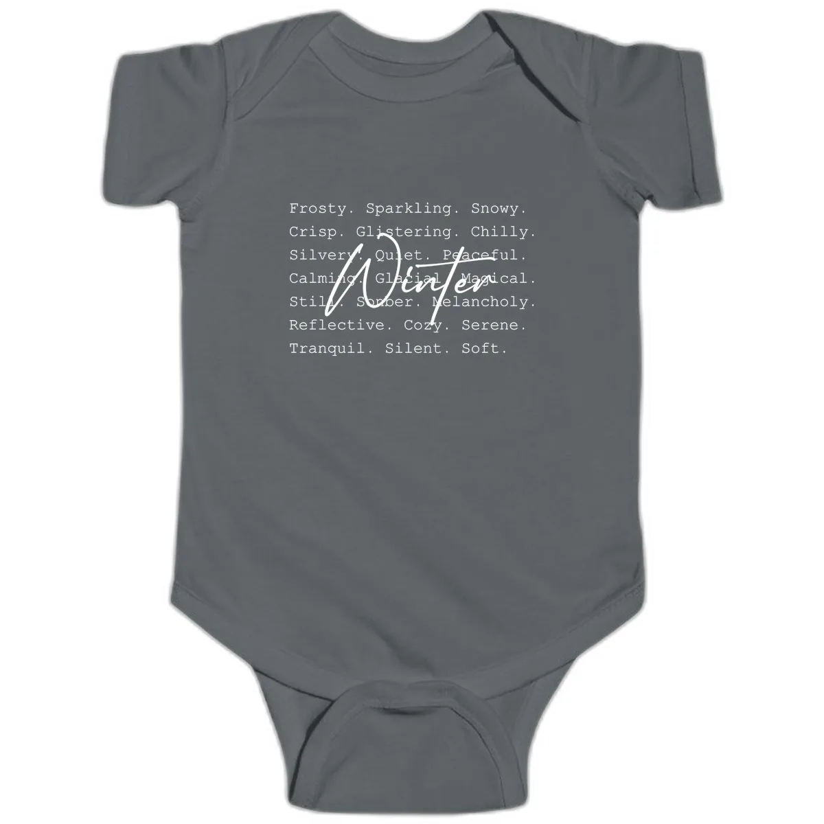 Winter Words Design Baby Onesie in Charcoal