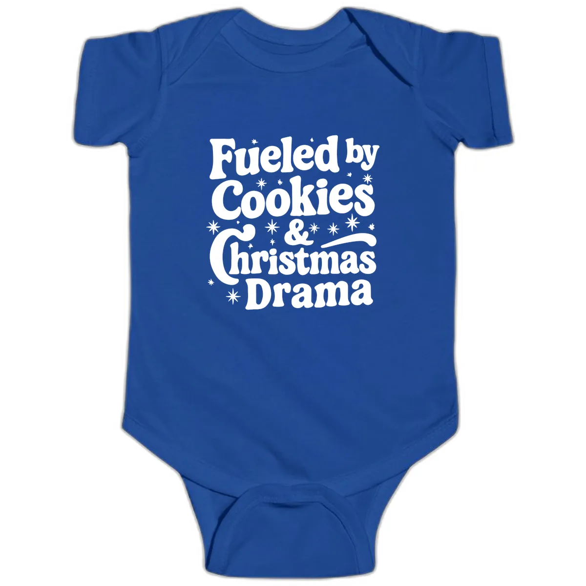 Fueled by Cookies Christmas Drama Baby Onesie in Royal