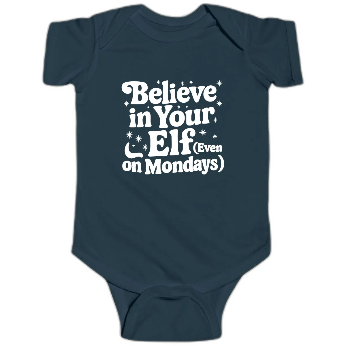 Believe In Your Elf On Mondays Baby Onesie in Navy