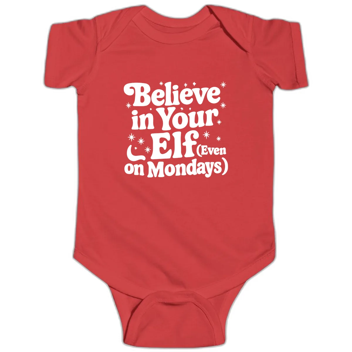Believe In Your Elf On Mondays Baby Onesie in Red