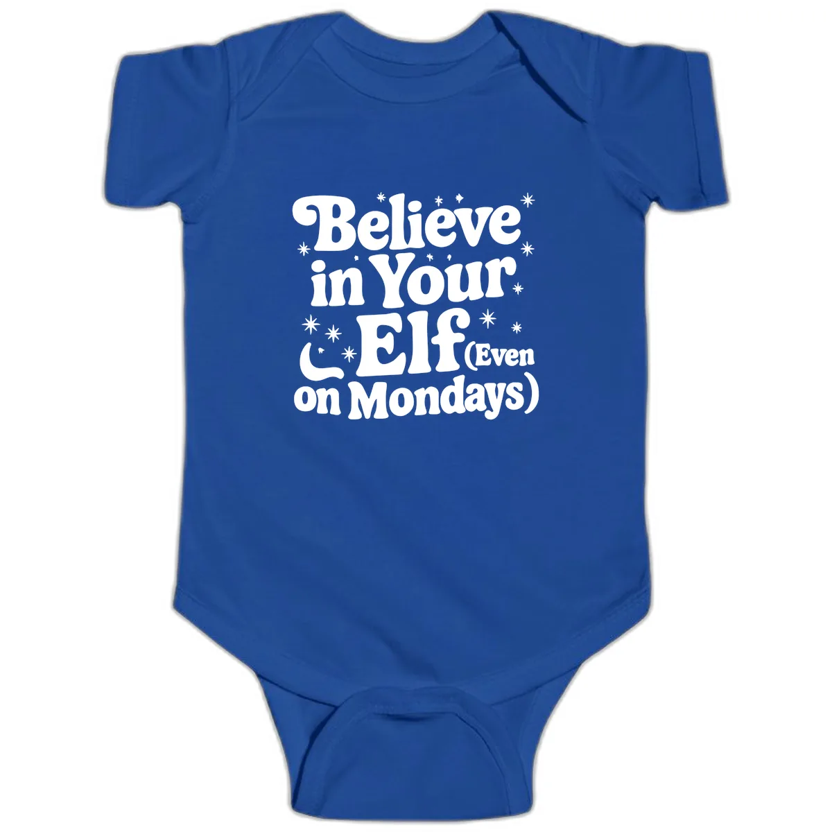 Believe In Your Elf On Mondays Baby Onesie in Royal